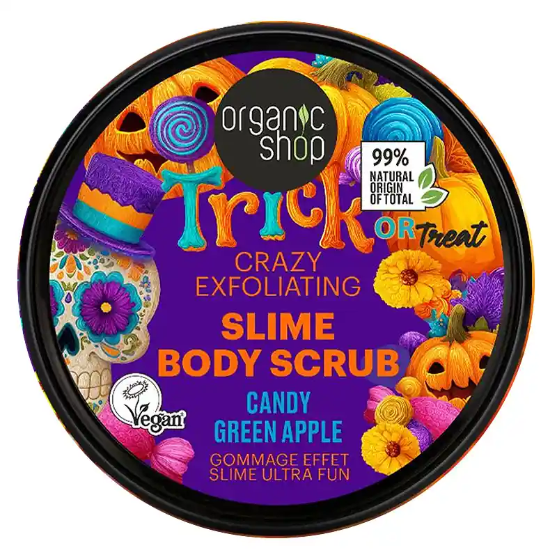 Vedd meg online Organic Shop „Trick or treat” Hámlasztó slime testradír zöldalmás cukorkával – 250ml