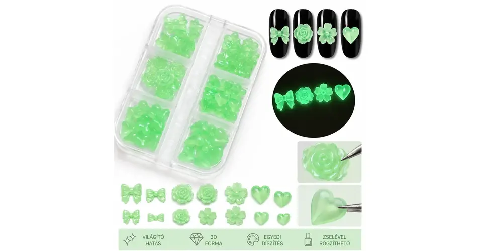 Nail Art Box sötétben foszforeszkáló 3D körömdíszítő formák masni szív virág 1 green Korlátozott ajánlat