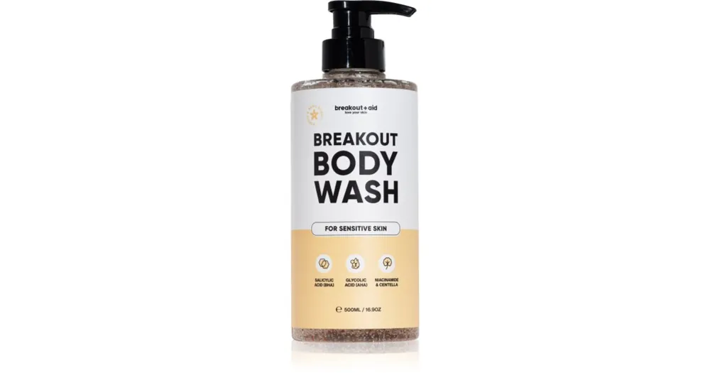 Olcsóbb breakout + aidBody Wash tusfürdő pattanásos bőrre AHA- és BHA-savakkal