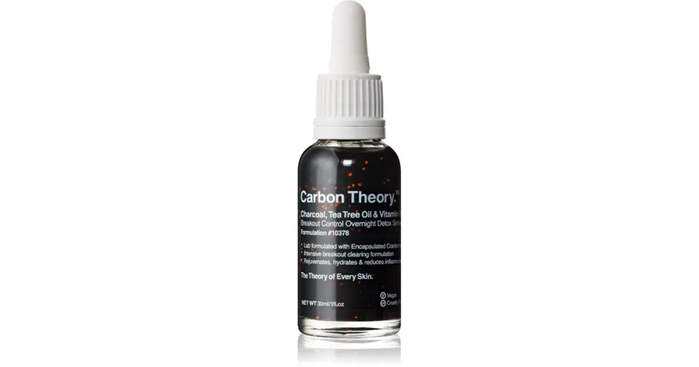 Korlátozott ajánlat Carbon TheoryCharcoal, Tea Tree Oil & Vitamin E regeneráló éjszakai szérum revitalizáló hatással a problémás bőrre