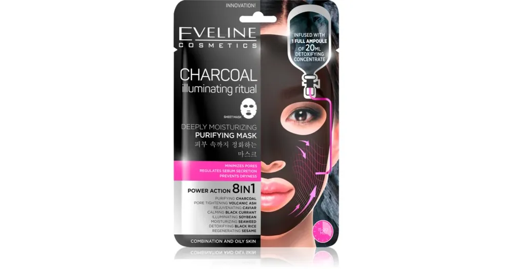 Akció Eveline CosmeticsCharcoal Illuminating Ritual szuper hidratáló és tisztító szövet arcmaszk