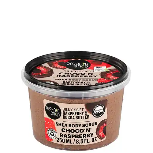 Szuper ajánlat Organic Shop Choco ‘N‘ Raspberry Puhító testradír málnával és kakaóvajjal 250 ml