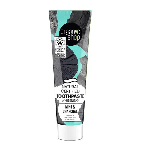Akciós ár Organic Shop Menta és szén Minősített fehérítő fogkrém 100 g